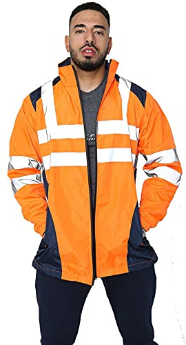 Parsa Fashions Hi Vis Rain Jacket Mens High Visibility Waterproof Reflective Tape Band Safety Zipper Hooded Top Lightweight Sizes Small to 5XL