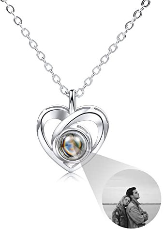 INBLUE Personalisierte Projektion Bild Anhänger 925 Sterling Silber Halskette Herzförmiger Anhänger Geburtstag Jubiläumsgeschenke für Sie/Frauen/Freundin/Mutter Schmuck (Schwarz-Weiß-Bild)