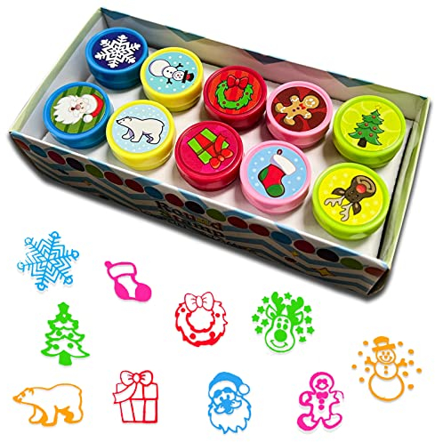 LAPONO 10 pcs Kinder Selbstfärbend Stempel Weihnachten Weihnachten Stempel Set Weihnachts Kinder Selbstfärbend für Spiel Spaß Handwerk Basteln Hobby Xmas Mitgebsel Party Favor