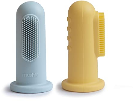 Mushie Cepillo de Dientes de Dedo para Bebés | Set de 2 | Calma y Estimula las Encías, 0-2 Años | Seguro para Niños Pequeños, Niños y Niñas | Powder Blue/Pale Daffodil