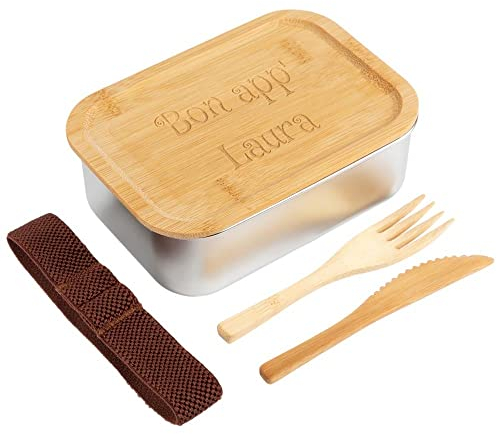 Boite à gouter en bois et acier avec couvercle personnalisé gravé – Lunch box avec gravure texte et couverts en bois – Boite hermétique personnalisable
