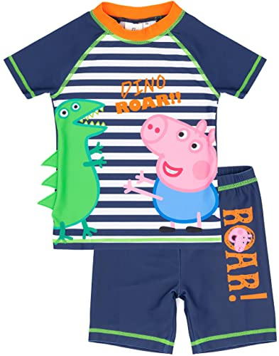 Peppa Pig George Pig Swimsuit for Boys | Blue Character Dinosaur Roar Two-Piece Top Shorts Bathing Suit Swim Set | Kids Animated Series Swimwear