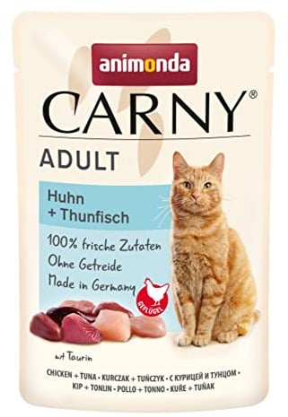 animonda Carny Katzenfutter nass Huhn + Thunfisch, 12 Portionsbeutel (12 x 85g), getreidefreies Katzen Nassfutter ohne Zucker, mit frischen fleischigen Zutaten