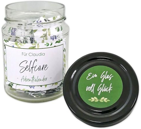 FEENSTAUB Adventskalender 2025 Selfcare, Adventkalender Achtsamkeit personalisiert mit Name, Adventskalender im Glas, Selbstfürsorge, 24 Selfcaretipps zum Ziehen für Weihnachtszeit