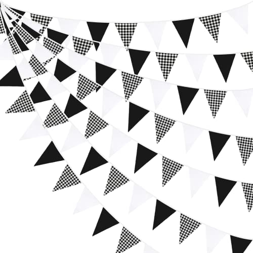 32Ft Schwarz Weiß Karierter Stoff Wimpelkette Banner Party Dekorationen Gingham Dreieck Flagge Wimpel Girlande für Hochzeit Geburtstag Verlobung Picknick BBQ Racing Thema Garten im Freien