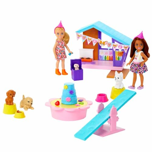Barbie Chelsea Fiesta de Perritos Dos muñecas con Mascotas y Set de Juego con Accesorios, Juguete +3 años (Mattel HJY88)