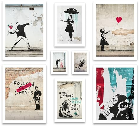 ARTFAVES® Poster Set - BANKSY STREET ART - mehrteilige Wanddeko Wohnzimmer - 8 moderne Wandbilder Collage, Girl Balloon, Flower Thrower, Umbrella - ohne Bilderrahmen