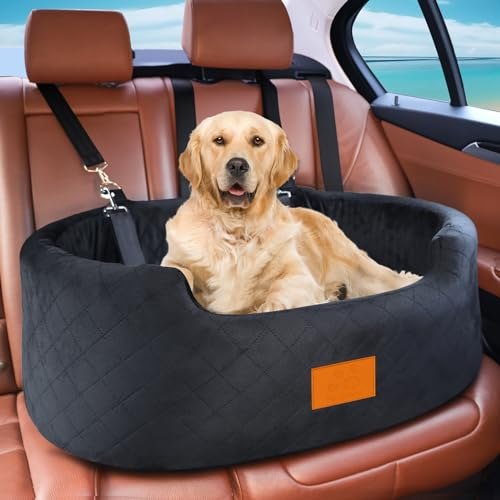 Hunde Autositz für große/mittlere Hunde (bis 25 kg) oder 2 kleine, Auto Hundesitz mit Sicherheitsleinen & waschbarem Kissen – für Rückbank