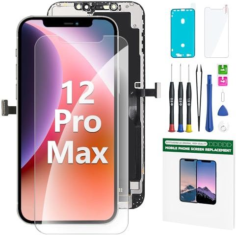 FFtopu iPhone 12 Pro Max Bildschirm-Ersatz-Set, 17 cm (6,7 Zoll), LCD-Display, 3D-Touch, Full-HD-Digitalisierer, komplettes Montage-Reparaturset, wasserdichter Rahmenaufkleber + Displayschutzfolie aus