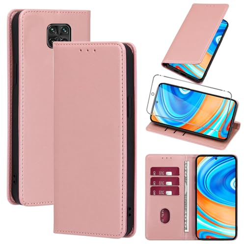 Vauki Hülle Leder für Xiaomi Redmi Note 9 Pro/9 Pro Max/9S 4G Handyhülle mit 1 Schutzfolie, Standfunktion Kartenfach Wallet Schutzhülle Flip Case Cover Stoßfeste Klapphülle 6.67,Rose-Gold