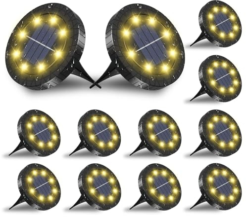 FLOWood Solar Bodenleuchte Aussen 12 Stück, 6000K Solarlampen für Außen 8 LED Solarleuchten Garten IP65 Wasserdicht Upgrade in Schwarz für Deck, Garten, Gehweg, Rasen, Hof, Warmweiß