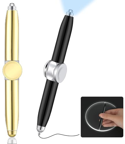AUAUY 2 Stück Metall Spinning Pen Fidget Spinner Pen mit LED-Licht Schreibwerkzeug Praktischer Fidget Pen Beleuchtete Spitze Stift Kugelschreiber für Beleuchtung zum Schreiben im Dunkeln(Schwarz+Gold)