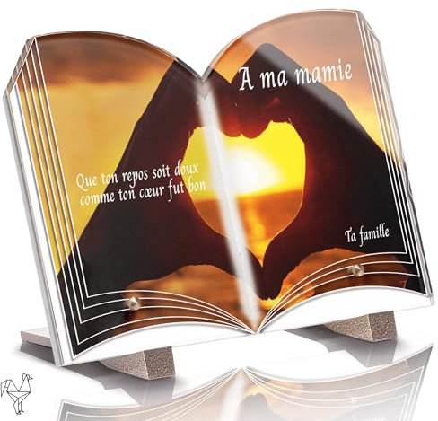 Plaque Funéraire Livre Personnalisée - Coeur Mains - Textes Photo Personnalisables, Plusieurs Lignes - Résistante aux Intempéries et Traitée Anti UV (15x10 cm (Petit))