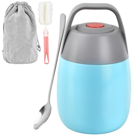 Termo Comida Caliente 450ml, Fiambrera Termica Infantil Adultos con Bolsa, Cepillo y Cuchara, Frasco Acero Inoxidable Doble Pared, Contenedor Térmico, Taza Cereales Yogur, 6-12h Caliente Frío (Azul)