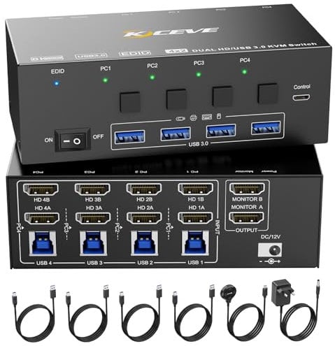 KVM Switch 4 Computer 2 Monitore, KCEVE 8K@60Hz, 4K@144 Hz USB 3.0 HDMI KVM-Umschalter mit EDID-Emulator für 4PC Share Maus Tastatur und Monitor, stabiler Chip, hohe Kompatibilität