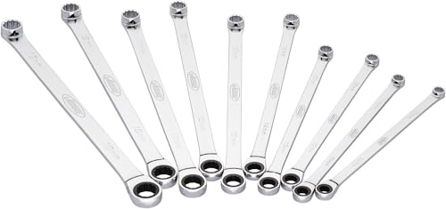 Vigor Ratschen-Ringschlüssel-Satz, extra lang, V7031, 10-teilig, 10 – 19 mm | verchromt, poliert, 2727 g, 10-teilig , 10 – 19 mm, Rolltasche, Schlanke Bauform, Oberfläche: verchromt, poliert