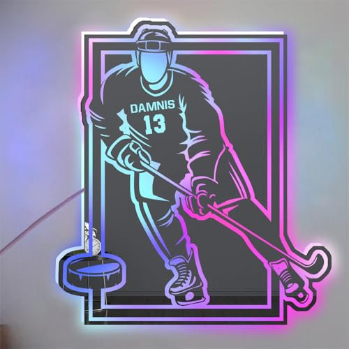 ASD Jewerly Personalisierte Hockey Spieler LED Spiegel Licht Up Zeichen, benutzerdefinierter Name für Zahl Hockey Wand Kunst Neon Licht, Weihnachten Geburtstag Hockey Geschenk für Männer Jungen