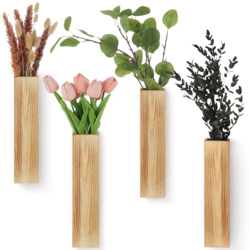 Chewtoyo Lot de 4 pots de fleurs en bois à suspendre, pour chambre à coucher, salon, vase de poche, décoration murale moderne pour pot de fleurs en bois, vase en bois d'eucalyptus
