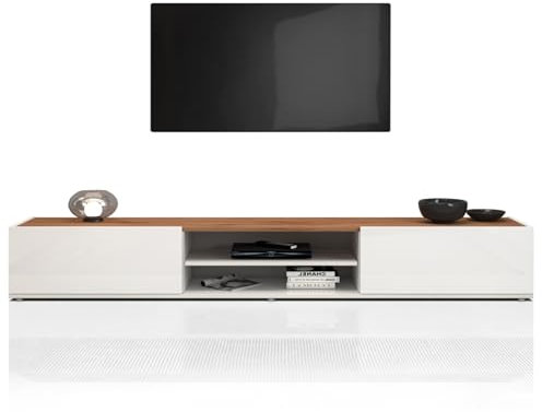 WHOUS Mobile Porta TV GARDA per Soggiorno con 2 Ante a Ribalta e 1 Ripiano Centrale, Mobile Tv per Salotto in Legno, 210x35x30 cm, Bianco Lucido e Rovere