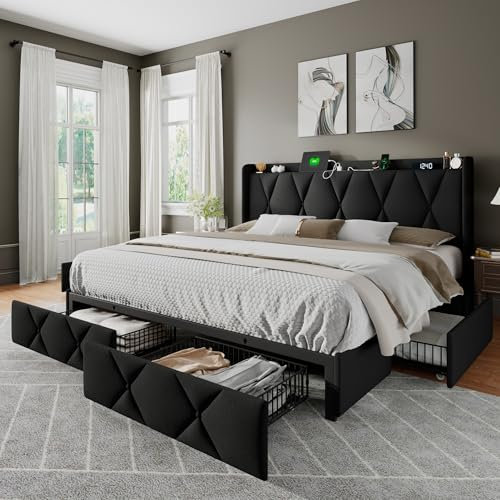 Feonase King Size Bed Frame with 4 Storage Drawers, Upholstered Platform Bed with Charging Station, Wingback Storage Headboard, Wooden Slats Support, No Box Spring Needed, Easy-Assembly, Black