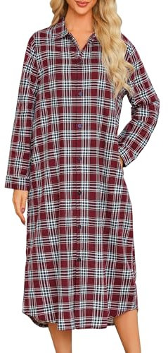MIA LUCCE Chemise de nuit à manches longues en flanelle pour femme, Noir/rouge/blanc à carreaux, XL