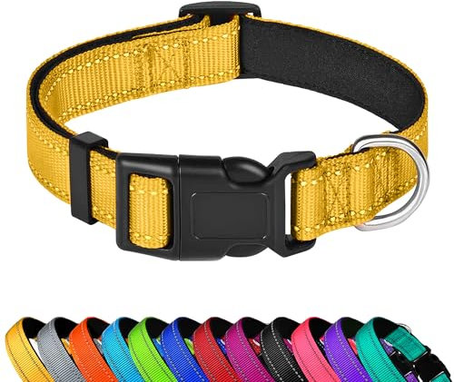 PWOD Reflektierendes Hundehalsband, verstellbar, weiches Neopren, gepolstert, Nylon, Haustierhalsbänder mit Schnalle für extra große Hunde, Gelb, XL