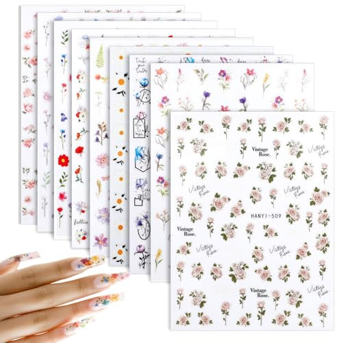 9 Blatt Frühling Blume Nagelkunst Sticker, Selbstklebend Nagelsticker Dekoration Nageldesign Zubehör Nail Dekoration