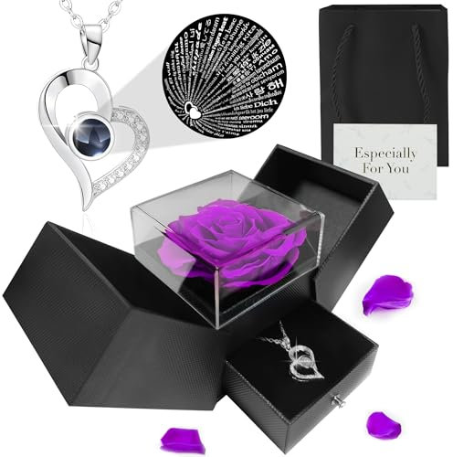 TANNESS Preserved Real Roses Gifts for Her - Gift Box, Necklace w/ 'I Love You' in 100 Languages - Mom, Eternal Rose, Forever Rose for Mum, Presents for Women, Necklace Box