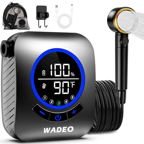 WADEO Douche de camping portable, douche extérieure améliorée avec affichage Fahrenheit et pompe à batterie rechargeable de 8000 mAh IPX7 étanche pour le camping, la randonnée