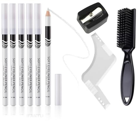 8 Pieces White Barber Pencil Set for Precise Beard and Hairline Styling | 6 Barber Pencils with Built-in Sharpener, Brush & Ruler for Hairline Edge Tracing, Beard Shaping & Beard Outliner