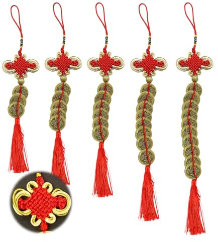 Chinesischer Knoten Glücksmünzen,Mengger 5 Stück Chinesische Münzen Feng Shui,I-Ching Münzen,Rote Schnur Knoten Glücksbringer, Glücksquasten, Reichtum Gesundheit