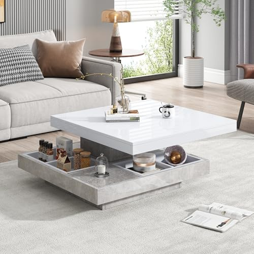 Soweiz Hochglanztischplatte Funktionaler Couchtisch, Wohnzimmertisch, 360° drehbar, 2-stöckige Drehbare Tischplatte mit Ablagefach, weiße Wohnzimmertischplatte, 70x70x36 cm (Weiß+Grau)