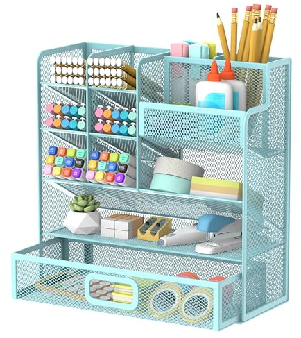 SUPEASY Stifthalter mit Schublade, Schreibtisch Organizer und Zubehör für Büro Organisation, Metall Mesh (Blau)