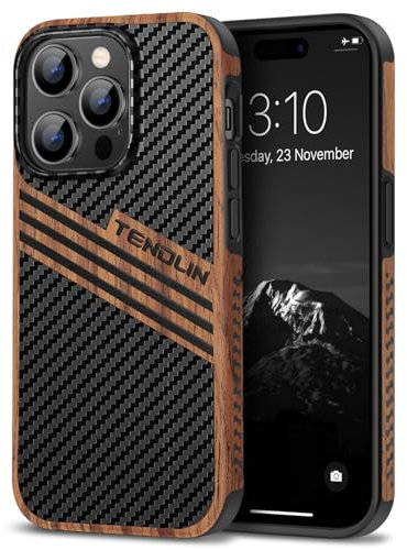 TENDLIN Kompatibel mit iPhone 14 Pro Hülle Holz und Carbon Textur Design Leder Hybrid Handyhülle (DREI Streifen)