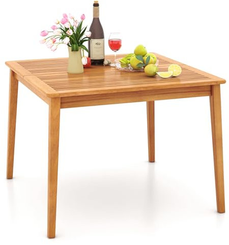 COSTWAY Table de Jardin en Bois d'Acacia pour 4 Personnes, Table de Salle à Manger d'Extérieur Carrée de 100 x 100 cm avec Trou pour Parasol 5 cm, pour Terrasse Jardin, Naturel