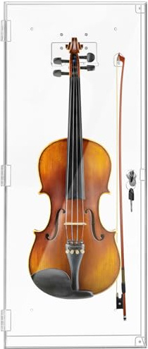 Silipull Acrylic Violin Display Case with Lock Key Magnetic Door Hanger | Wall Mount Shadow Box 29.5x12x4.75, Fits Ukulele Fiddle, Clear Protective for Musician Collection Storage