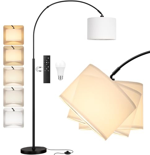 PreeOtti Stehlampe Wohnzimmer Dimmbar Bogenlampe, LED E27 Leselampe mit Fernbedienung 3000K-6000K, Vintage Standing Lamp Standlampe für Schlafzimmer, 350°Drehbarer Lampenkopf, 180cm, Weiß
