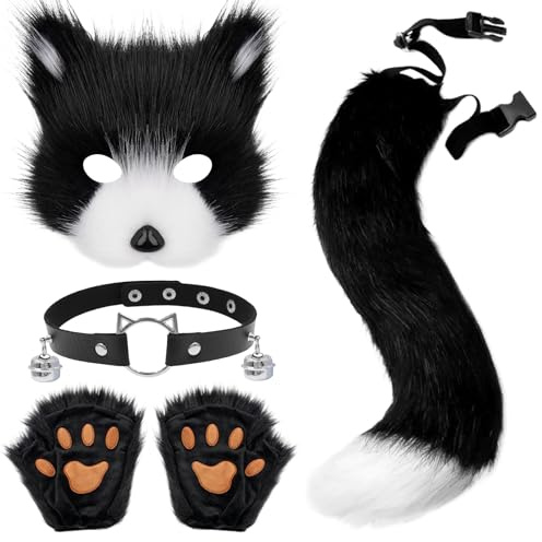 Xerteam Kunstpelz Fuchs Kostüm, Fuchs Cosplay Kostüm Set Plüsch Fuchsschwanz Fuchs Maske Glocken Halskette Fuchshandschuhe, Geeignet für Halloween Karnevals Cosplay Partys