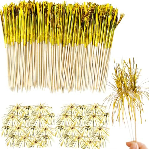YingMengZhiGe 100 Stück Party Deko Glitzer Feuerwerk,Kcocktailspieße,Silvester Deko 2026 Bar Deko,Glitzer Deko Zubehör,Silvester Feuerwer Tischfeuerwerk Cupcake Deko Outdoor (Gold)