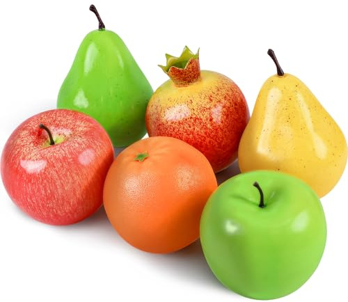Meiwlong 6 st konstgjorda frukter paket, falska frukter för heminredning, simulering fruktset, fuskfrukter set för fest juldekoration, falska äpple, päron, granatäpple fruktmodell för fotografering
