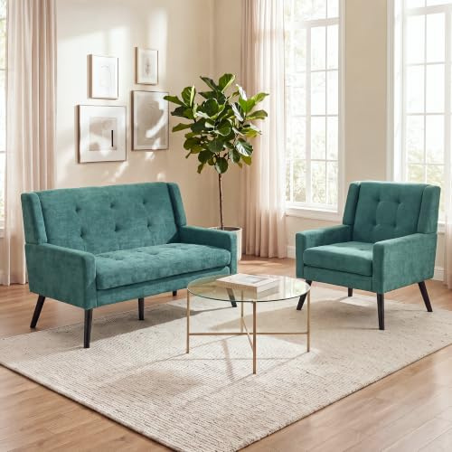 119cm 2-tlg. Sofa Set, Zweisitzer+Einzelsitzer mit Tufting, Leinenstoff | Grün für Wohnzimmer und Büro, tabilen Metallbeinen,Mittelalter-Retro-Stil，Hochdichte-Schaumkissen，Universelle Kompatibilität