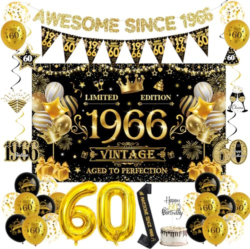yosiio 60 Geburtstag Deko Männer Frauen, Vintage 1966 Banner, Schwarz Gold | 60. Geburtstag Dekoration, Happy Birthday Deko Set, Dreiecksflagge, 60 Luftballons, Spirale Anhänger, Kuchen Dekoration
