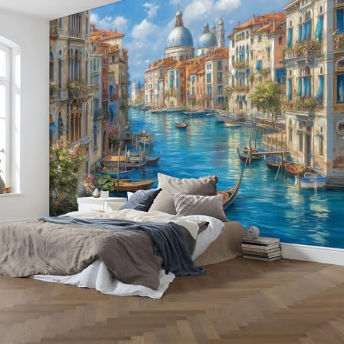 WunM Studio Fresque Murale Intissée Paysages romantiques d'Italie décor urbain rétro luxueux Azuré Papier Peint Panoramique Décoration Salon Chambre Bureau 350x256cm Non Autocollant