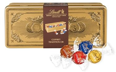 Lindt - Coffret LINDOR Tradition Or en métal - Assortiment de Chocolats au Lait, Lait-Noisettes, Noirs et Blancs - Cœur Fondant - 400 g