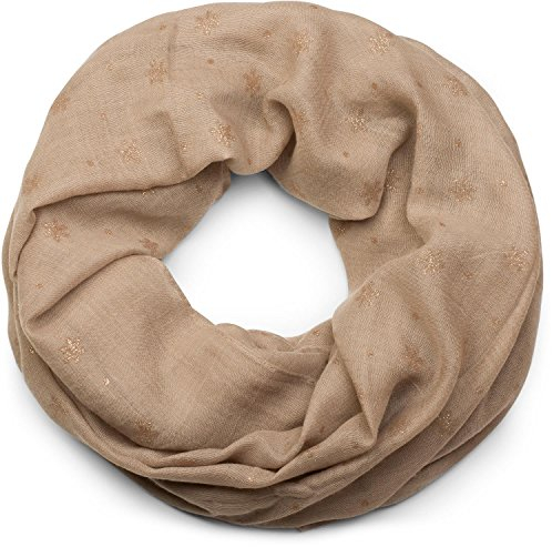 styleBREAKER Damen Loop Schal mit Glitzer Schneeflocken Print, Weicher Schlauchschal Einfarbig, Tuch 01017064, Farbe:Beige