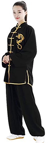 ZooBoo Unisex Cotton and Silk Dragon Embroidery Long Sleeves Tai Chi Uniform Suit Martial Arts Wing Chun Clothing (XL, Black)
