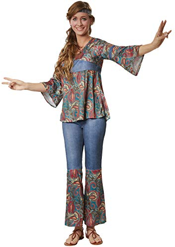 dressorfun Damenkostüm Hippi Girl Harmony, Outfit in Jeans- und Ornamentenoptik inkl. Stirnband - XXL