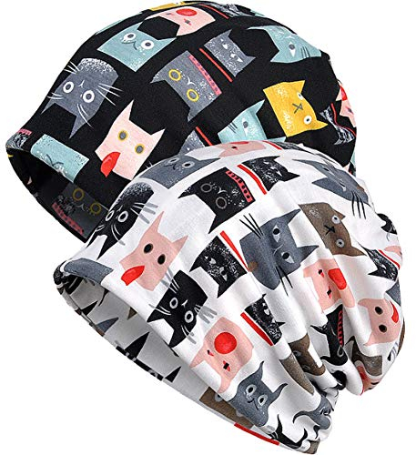 XYIYI Damen Mütze Chemo Hut Slouchy Kopfbedeckungen Kopf Wraps Krebshüte (2Stück Katze-F)