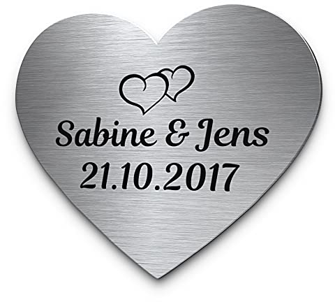 Hochzeitsschild aus Edelstahl Herzform mit Namen oder Spruch & Herzen | Persönliches Geschenk zur Hochzeit | Wetterfest mit vielen Motiven zB für die Hochzeitsbank