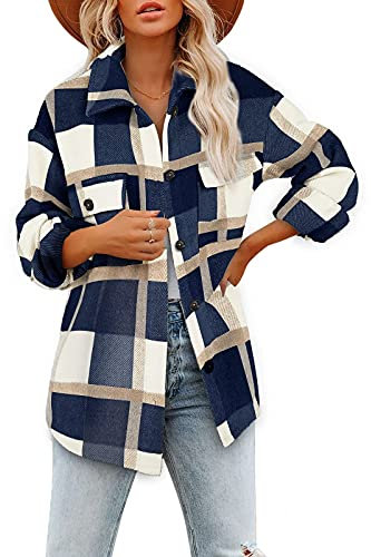 shownicer Surchemise Femme Veste à Carreaux Chemise Décontracté Oversized Chemisier Blouse à Manches Longues Bûcheron Manteau avec Bouton Bleu M